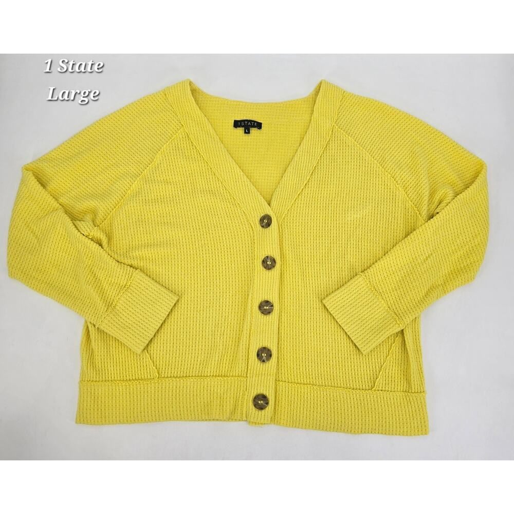 1. State Yellow Waffle Knit Cardigan Large Cropped Button‎ Front Bright Layer
